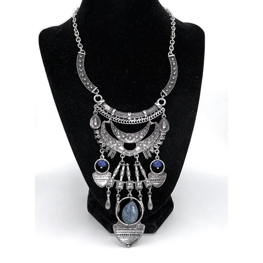Next‎ Boho Statement Necklace Silver Tone Blue Stone Tribal Bib